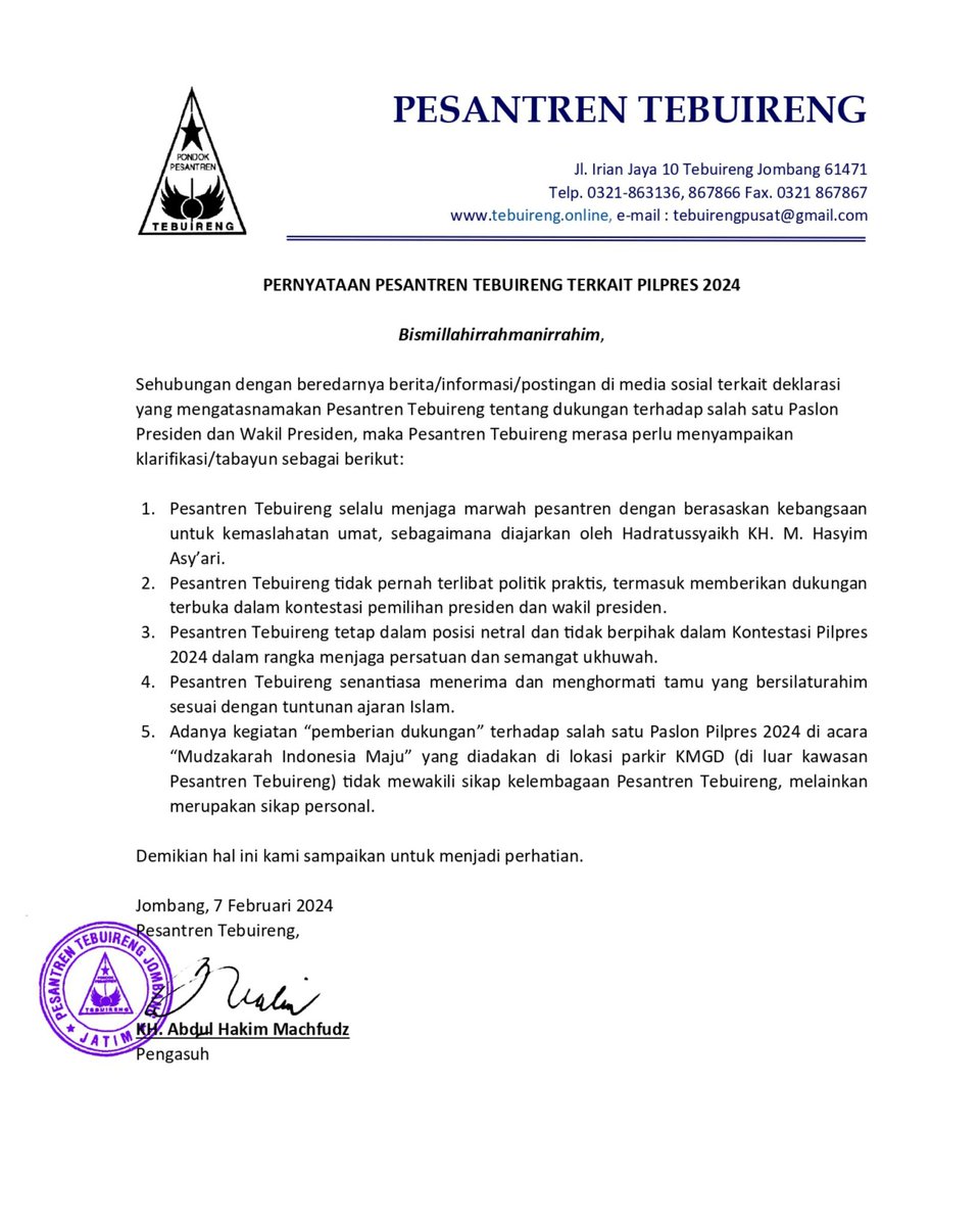 Twips, 
Mohon dicermati bahwa Pesantren Tebuireng tetap netral dalam Pilpres 2024. Para santri, alumni dan keluarga santri dipersilakan memilih sesuai nurani. Tidak usah khawatir.