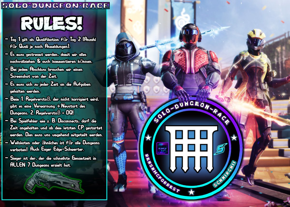 Solo-Dungeon-Race ist in Planung. Hauptgewinn ist eine Dorn-Replica (3D-Druck). Jeder Hüter, der sich der Sache gewachsen fühlt, kann sich gerne bei mir melden! Lasst ein geiles Event daraus machen 🤝😅

#Destiny #EVENT #challenge #twitchstreamer