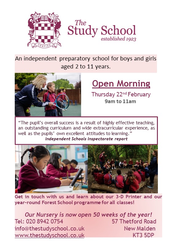 Our next Open Morning is taking place on Thursday 22nd February from 9-11am. Visit the link below to join us!
linktr.ee/thestudyschool

#NewMalden #newmaldenschools #openmorning #newmaldennurseries #ilgschool #KingstonUponThames #indepedentschools