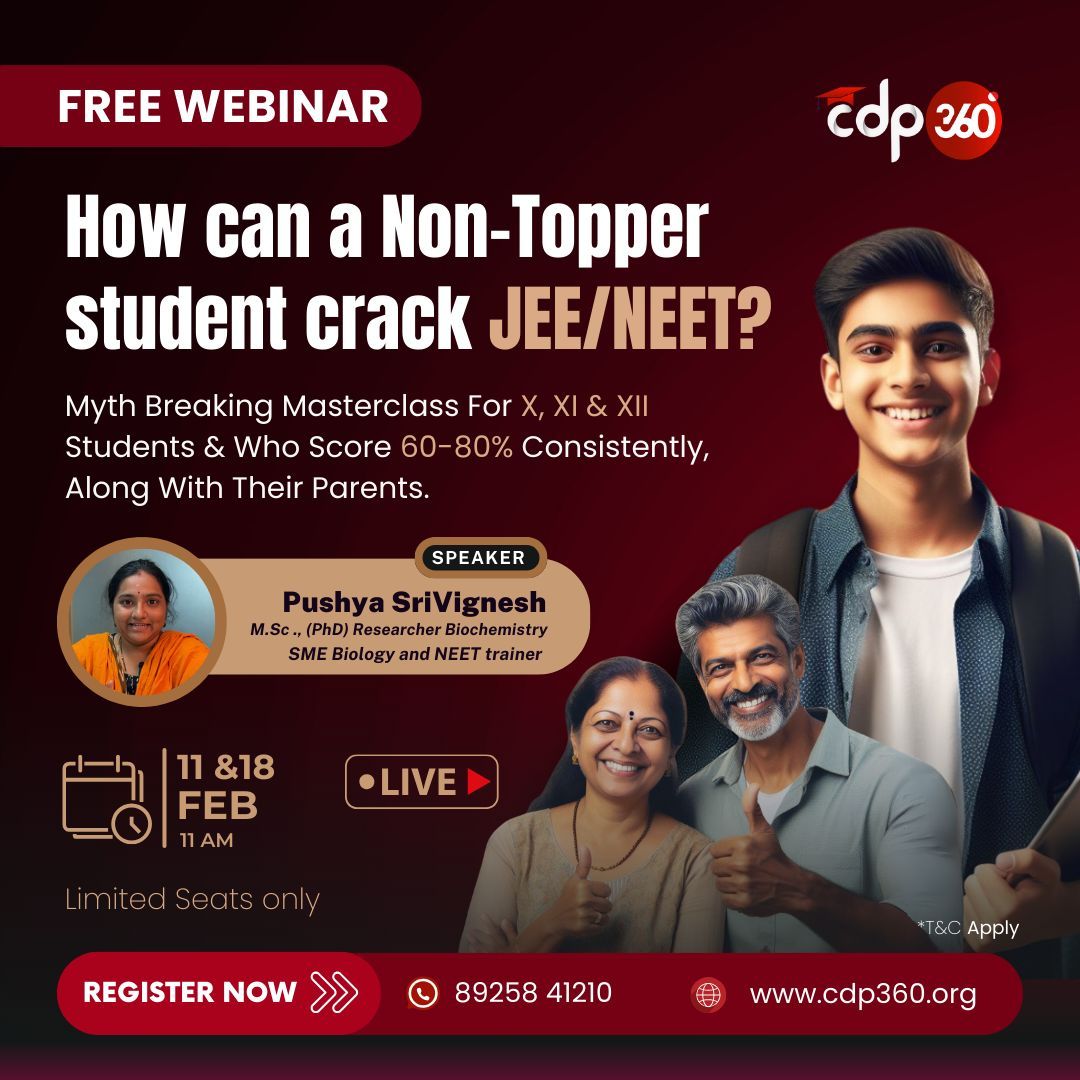 CDP360EdTech's tweet photo. 🚀 Join our exclusive Myth-Breaking Masterclass webinar for X, XI, and XII students scoring 60-90%, along with their parents! Discover proven strategies, debunk common myths, and get personalized tips to ace your exams. Save the date: 11th &amp; 18th February 2024, Time: 11:00 AM. https://t.co/bNF6UgWj7i