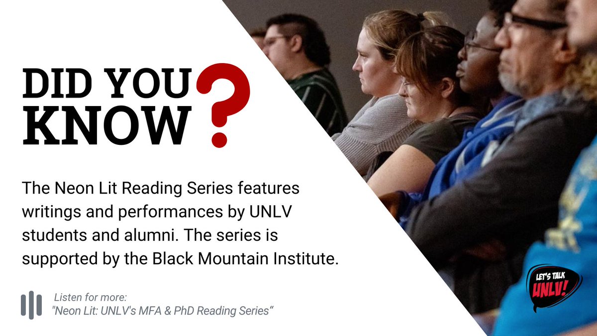 Looking for something to do on a Friday night? 🧐 The <a href="/NeonLit_LV/">Neon Lit</a> Reading Series occurs every 4th Friday of the month. This event is supported by <a href="/BlackMtnInst/">Black Mountain Institute</a>, a featured guest this season of #LetsTalkUNLV! 🫶
🔗 neonlitlv.wordpress.com
🔗 letstalkunlv.transistor.fm/101