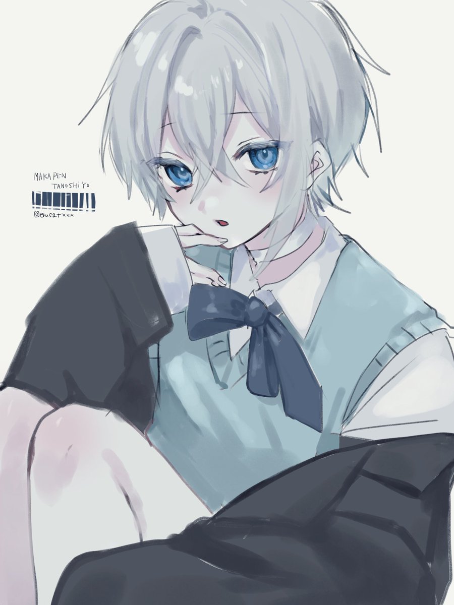pale skin 1boy blue eyes male focus barcode white hair solo  illustration images