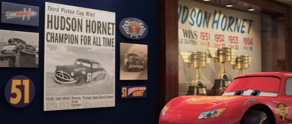 In #Cars (2006), There is a wing dedicated to #DocHudson in the #RadiatorSprings #RacingMuseum, formerly the #GlenrioMotel. However, by #Cars2 (2011), Doc's trophies and memorabilia have been moved to his former clinic, which has been converted into the #DocHudsonRacingMuseum.