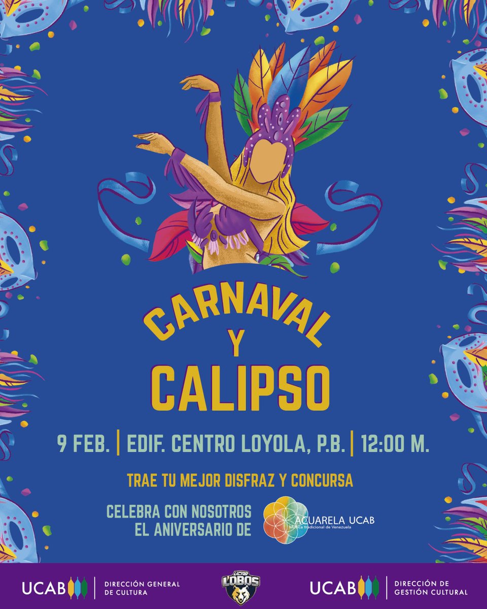 La alegría del calipso y del Carnaval nos acompañarán <a href="/enlaucab/">UCAB</a> el viernes #9Feb desde las 12 del mediodía.

🎉Trae tu disfraz🎊