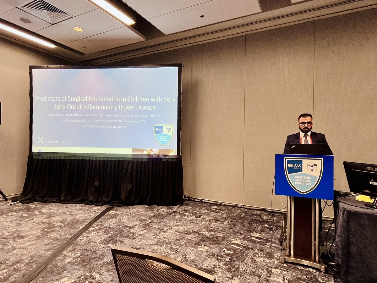 Team @BCHPedSurg starting off #ASC2024 strong with a great talk by @ArsamHaroon_ and his mentor, @DrPrathima, on predictors of surgical intervention in children with very early onset inflammatory bowel disease!! 👏🏼