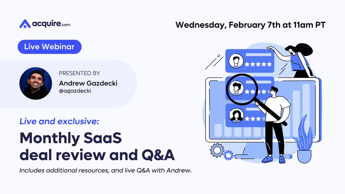 agazdecki's tweet photo. It's https://t.co/5b2X8anaB6 webinar day!
Today at 11am PST.
Register to get the recording: https://t.co/oKVFVqlCS2

We're going to be reviewing some of the best and most profitable SaaS startups looking to be acquired on https://t.co/5b2X8anaB6.

I'll be joined by Rainier Nanquil from my team who has over 10+ years helping businesses get acquired. He'll be giving his take on why these are great opportunities. Specifically how you should due diligence them. He also has unique insights into what to really look for when evaluating acquisition (red flags, yellow flags, green flags).

He's one of our best M&A advisors.

I'll be going over how I would 10X growth for these startups. I've been a hired gun CRO that "figured out sales and marketing" for a company from zero to a few million. Bootstrapped my own SaaS which was acquired to $10M in ARR. Also got https://t.co/5b2X8anaB6 off the ground entirely solo.

I'm a sales and marketing nerd.

But Andrew what deals are you talking about?
I'm so glad you asked even if you didn't.
Here's a few we'll be chatting about...

SaaS Social Media CRM:
- $2M asking price
- $1M in TTM revenue
- $689k TTM profit
- 2.9x profit multiple
- Learn more: https://t.co/C6L286ePsc

Commercial Parking Management SaaS:
- Open to offers
- $8.7M in TTM revenue
- $1.3M in TTM profit
- Learn more: https://t.co/eyMmrrK8Kx

Reforestation CSR SaaS Company:
- Open to offers
- $1.3M in TTM revenue
- $94k in TTM profit
- Learn more: https://t.co/eNA3Yd28u7

SaaS QuickBooks Financial Integration:
- $810K Asking Price
- $249k in TTM revenue
- $190k in TTM profit
- 4.3x profit multiple
- Learn more: https://t.co/x3OahBRyXA

So it'll be fun. Plus many other deals.
You don't want to miss this.

Think M&A Advisor meets startup founder.
Think Tony Romo and Jim Nantz.

Talking how to acquire and grow startups.

This webinar will be recorded so even if you can't make it be sure to register.

For the love of startups this is why https://t.co/5b2X8anaB6 exists!

We're also just getting started!