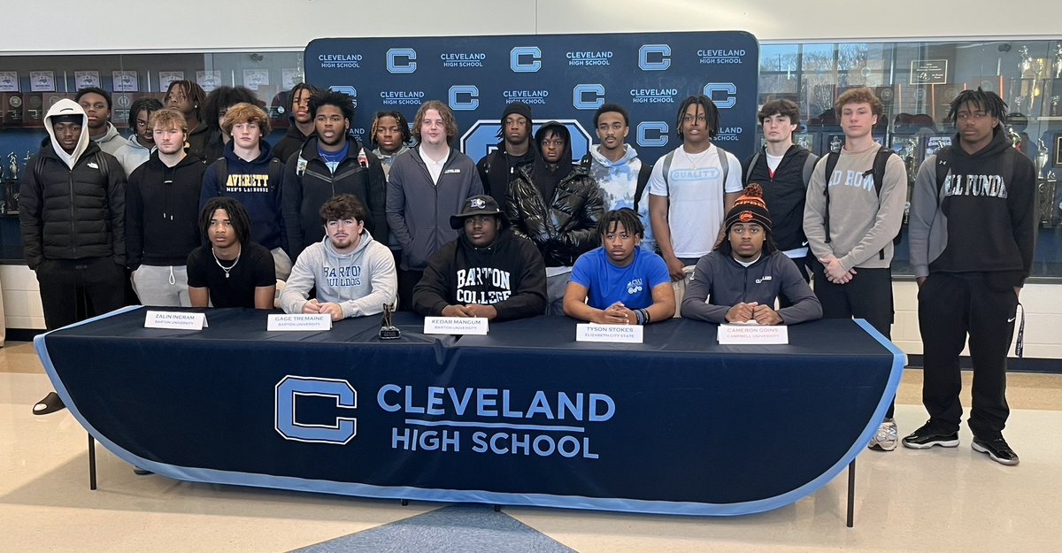 Congratulations to the 5 Cleveland Rams Football players that signed to play college football today! 

More to come this spring! 
@ZalinIngram17 <a href="/GageTremaine/">Gage Tremaine</a> <a href="/KedarMangum/">Kedar Mangum</a> <a href="/TysonStokes44/">Tyson Stokes</a> <a href="/thecamerongoins/">Cameron Goins</a> @NickStevensHSOT <a href="/JoelBryantHSOT/">Joel Bryant - HighSchoolOT 🏈</a> <a href="/KaiFromWJG/">Kai Jones</a> <a href="/charlottepreps/">Observer Preps</a> <a href="/PrepsNow/">PrepsNow</a>