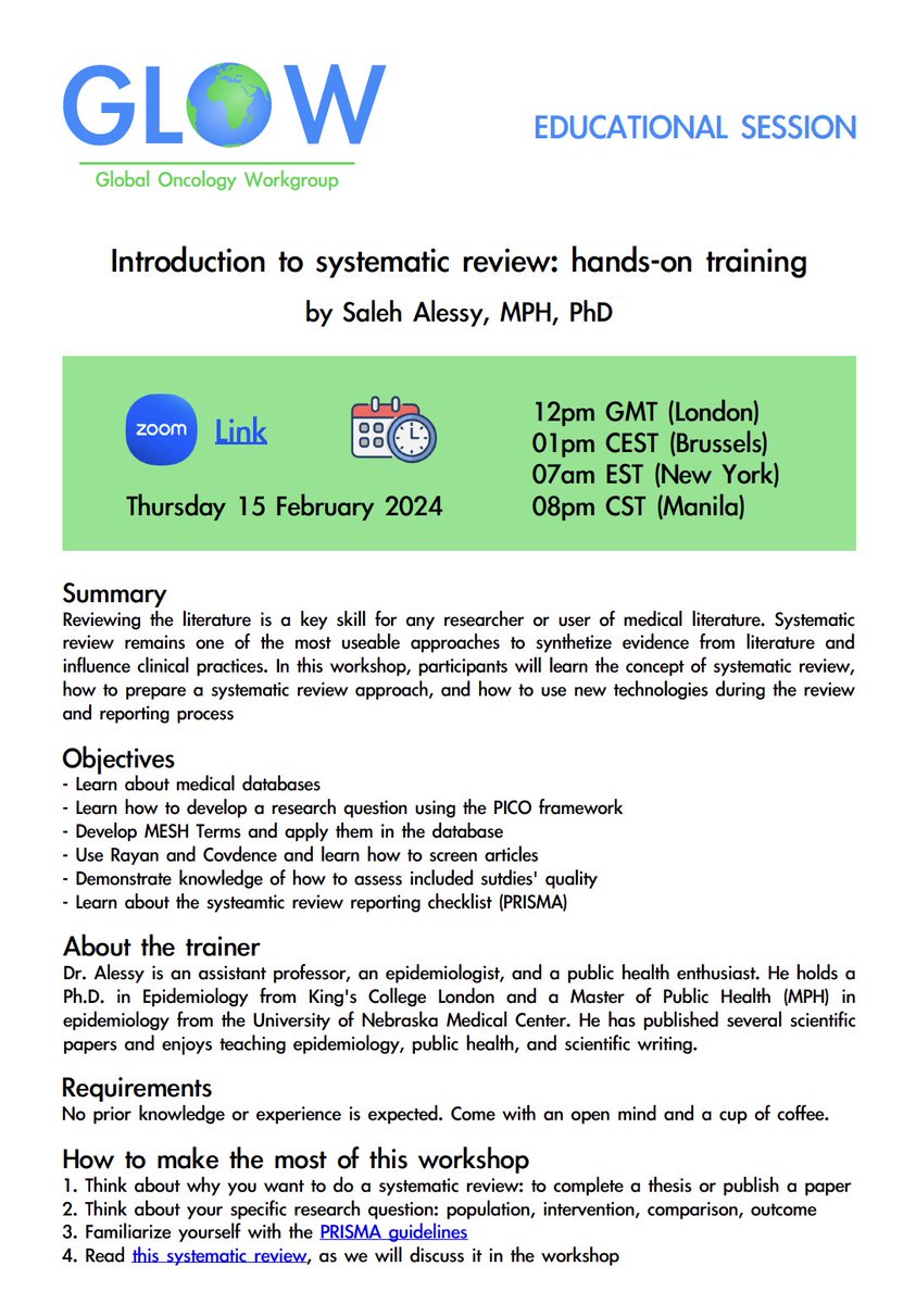 Super excited that Saleh Alessy will kick off the first GLOW educational session to discuss systematic reviews, a key skill for any researcher or clinician.

Join our webinar on Feb 15 via Zoom: us06web.zoom.us/j/87316138418?…

We look forward to seeing you there!