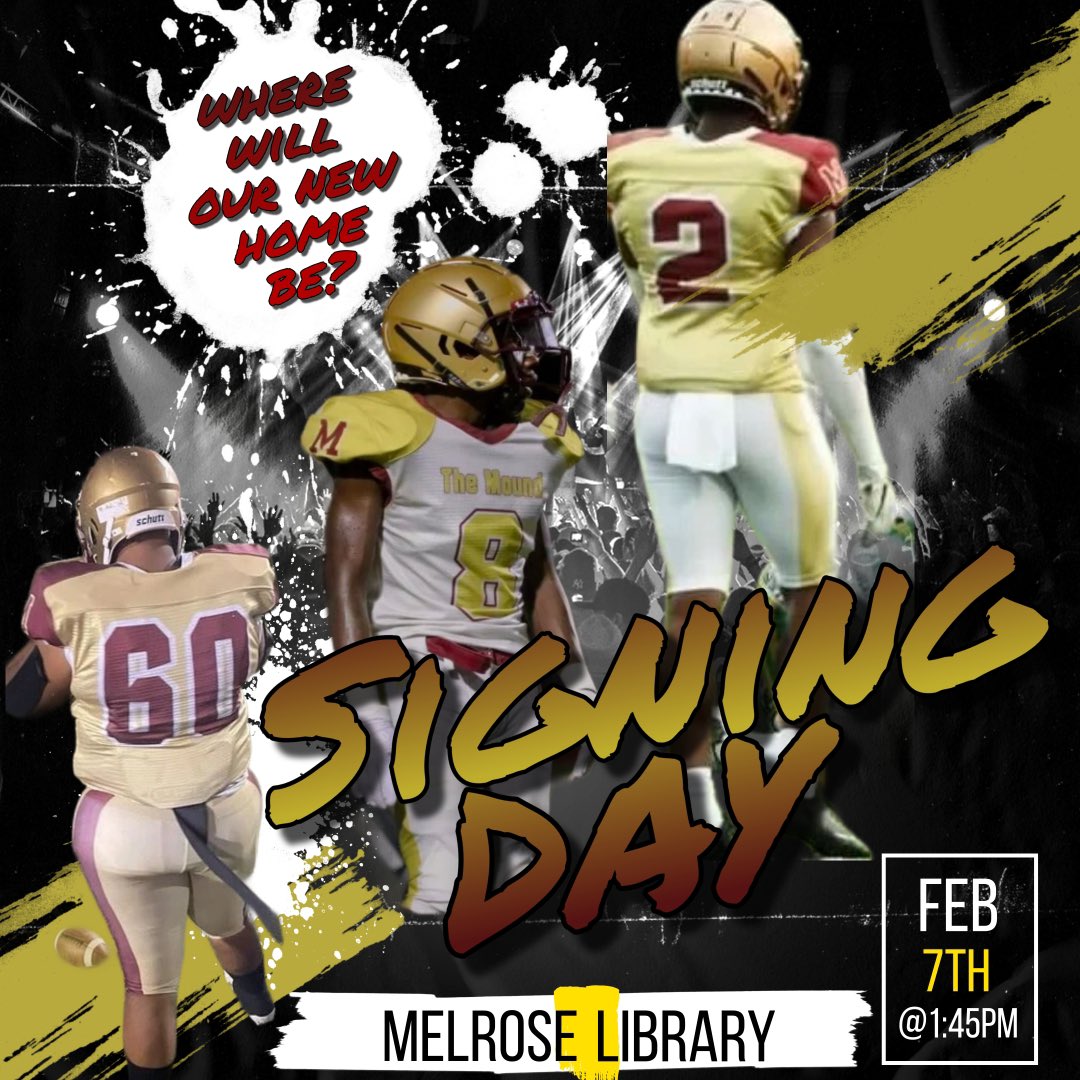 Golden_Wildcats's tweet image. It’s Signing Day!!!! Our very own, Carmilo Bogan, Irvin Jackson, and Cameron Miller, will secure their future today. Signing will take place at 1:45pm in Melrose High School’s Library! #FearTheMound🍊🍊