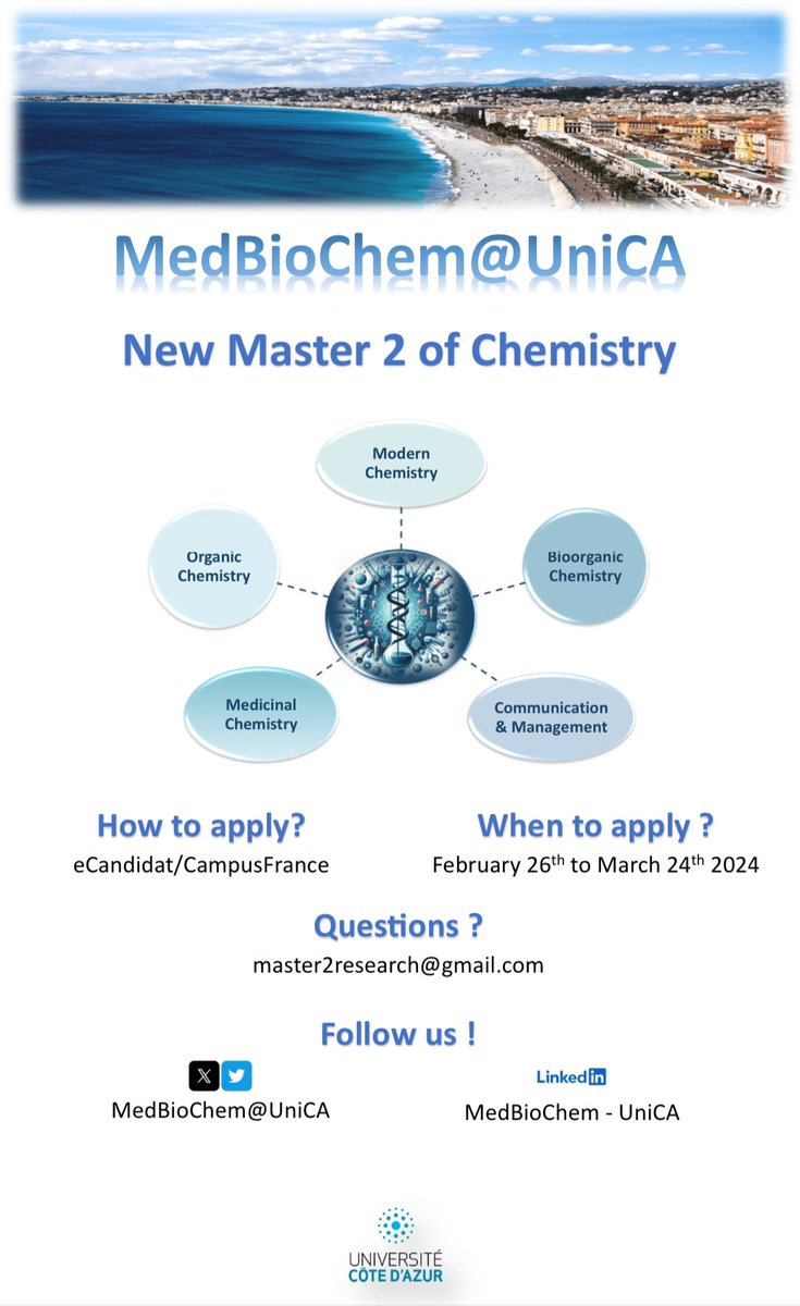New Master 2 of Chemistry <a href="/Univ_CotedAzur/">Université Côte d'Azur</a>. Are you interested in bioorganic and medicinal chemistry? So, we are looking for you! Join us on this fantastic journey into the secrets of medicinal and bioorganic chemistry. @PACA_SCF @reseauSCF <a href="/DCO_SCF/">Organic Chemistry Division from the SCF</a>