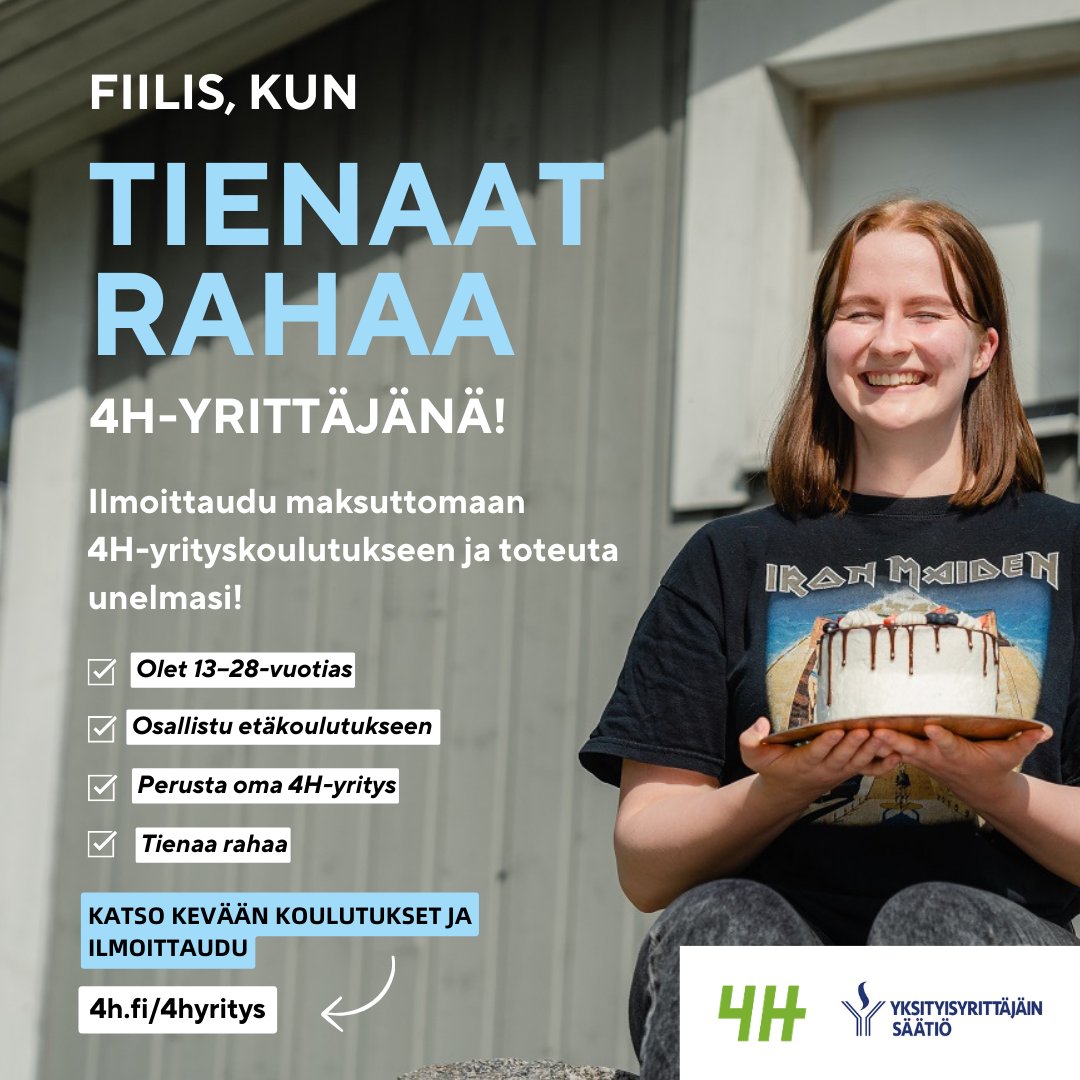 Ensi kesänä 4H-yrittäjänä? Kiinnostaako unelmaduuni, jossa voit valita omat työajat, tehdä mitä itse haluat ja tienata jopa tuhansia euroja? Nappaa paikkasi 4H-yrityskoulutuksessa ja tienaa rahaa 4H-yrittäjänä!