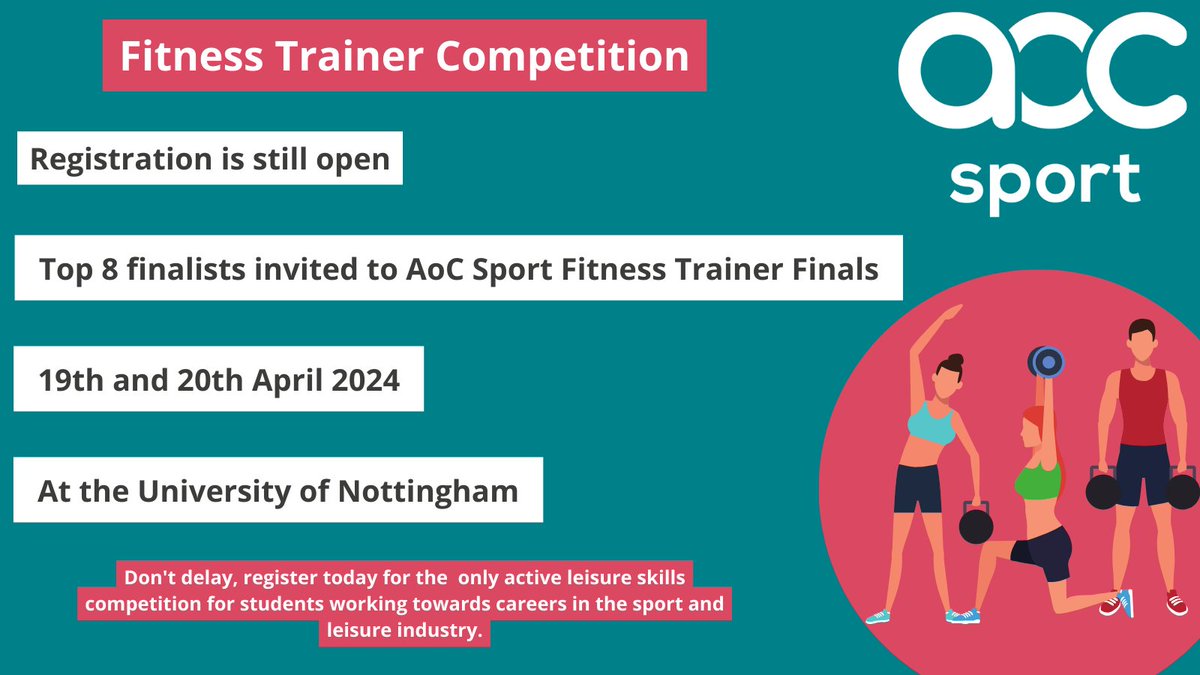 Calling all Personal Training students......do you want to challenge yourself against other PT's???? Then click here to enter the AoC Sport Fitness Trainer Competition - forms.office.com/e/wvTsnek2aj Full details can be found here - aoc.co.uk/sport/compete/…