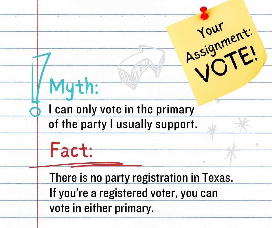 Texas has an open primary, so any registered voter can participate in the Republican or Democratic primary. Starting Feb. 20, please vote in the primary of your choice! #txlege #txed