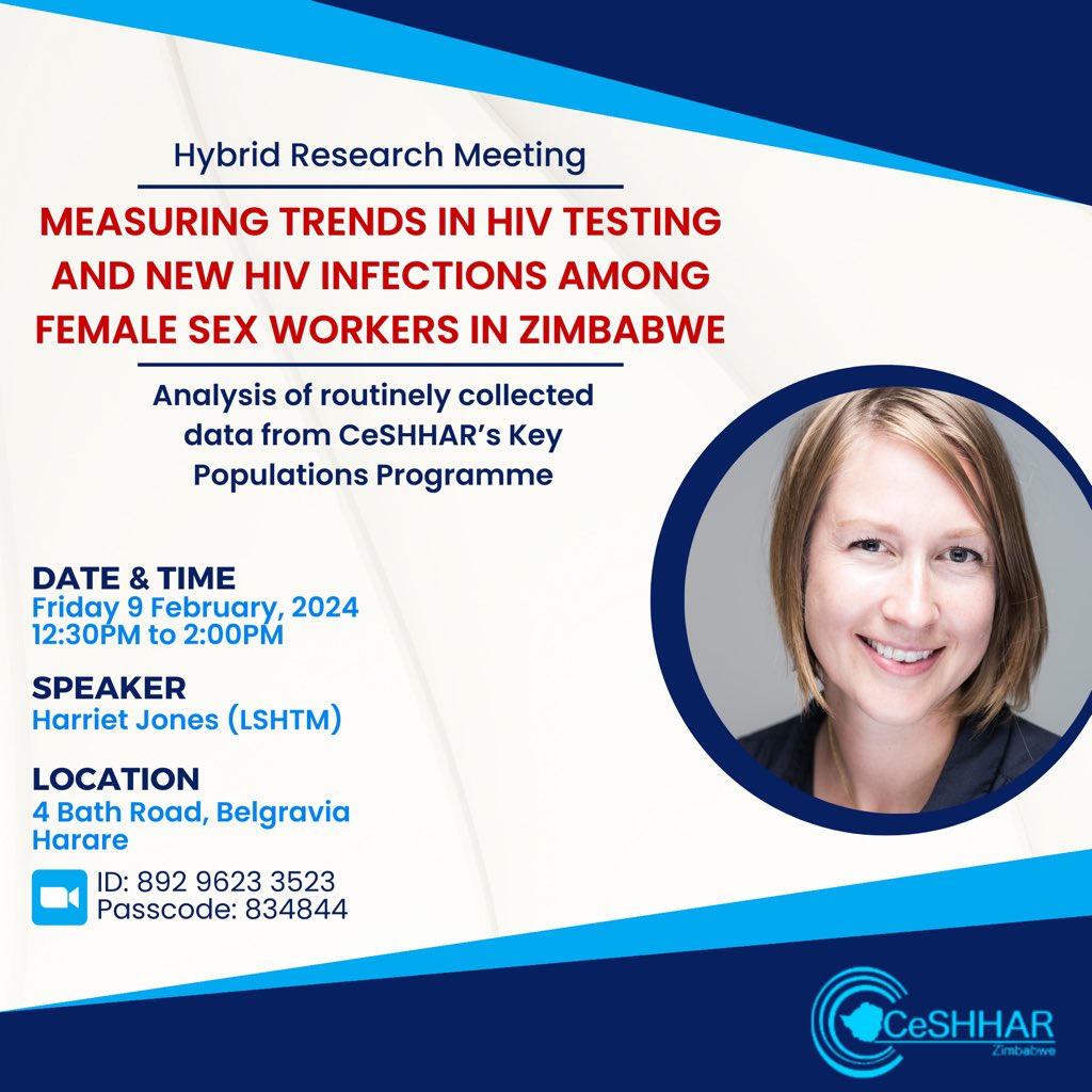 This Friday, we will have Harriet Jones, a PhD student from the London School of Hygiene and Tropical Medicine, speaking at our second research meeting of 2024. 

The talk will discuss trends in HIV testing and new HIV infections among female sex workers in Zimbabwe since 2009.