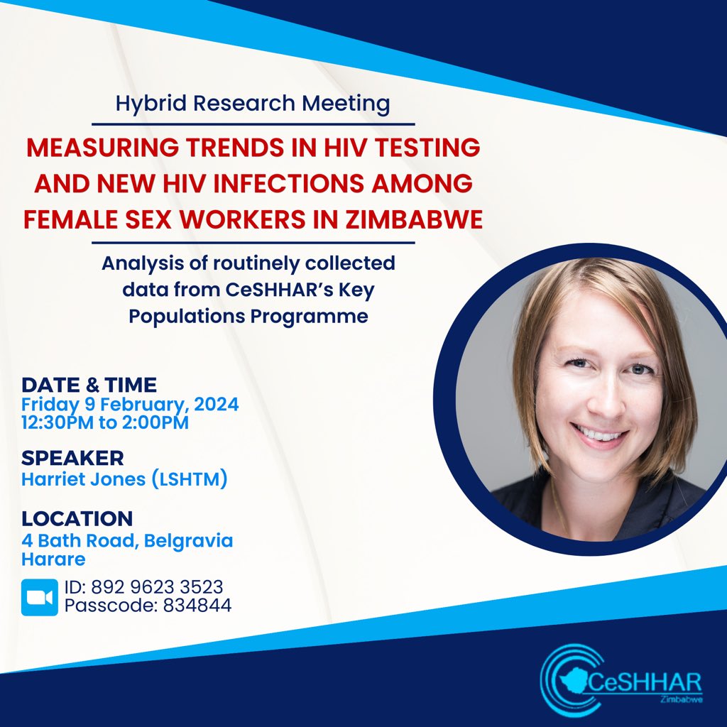 This Friday, we will have Harriet Jones, a PhD student from the London School of Hygiene and Tropical Medicine, speaking at our second research meeting of 2024. The talk will discuss trends in HIV testing and new HIV infections among female sex workers in Zimbabwe since 2009.