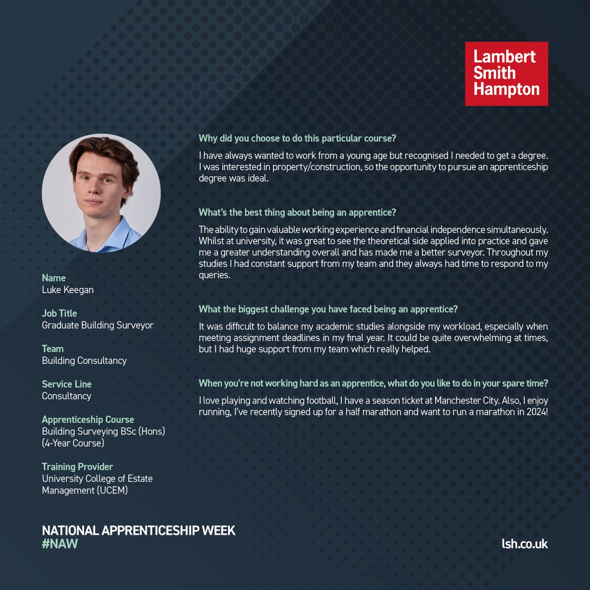 As we continue to shine a spotlight on our emerging talent, next up on National Apprenticeship Week feature is Luke Keegan, a Graduate Building Surveyor within our Building Consultancy team who details his journey into the world of property. #NationalApprenticeshipWeek2024