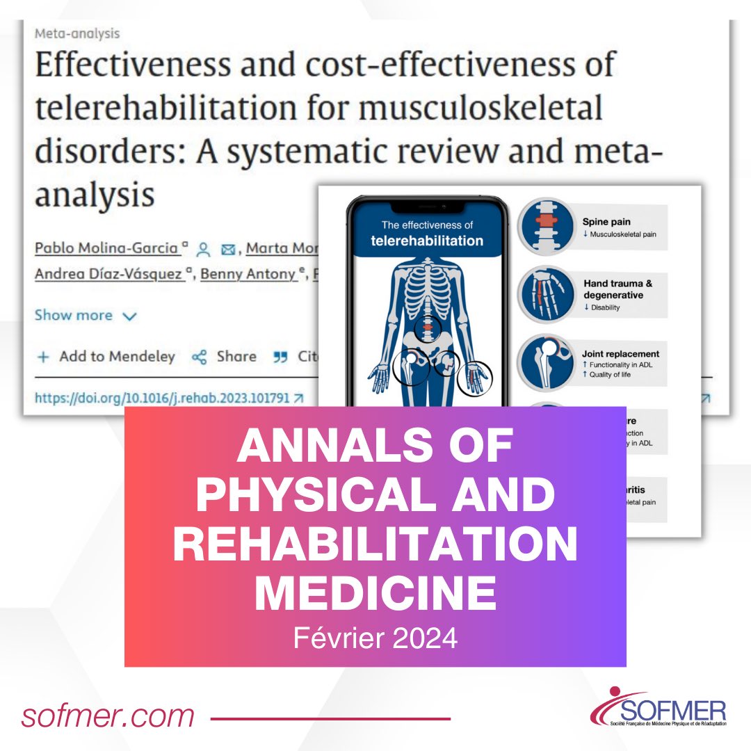 📖 Annals of Physical and Rehabilitation Medicine
Chaque mois, un article sélectionné pour vous par le Pr C. Nguyen :
Dans une revue systématique de la littérature incluant 37 essais cliniques dont 33 essais randomisés pour un total de 4288 participants, Molina-Garcia et…