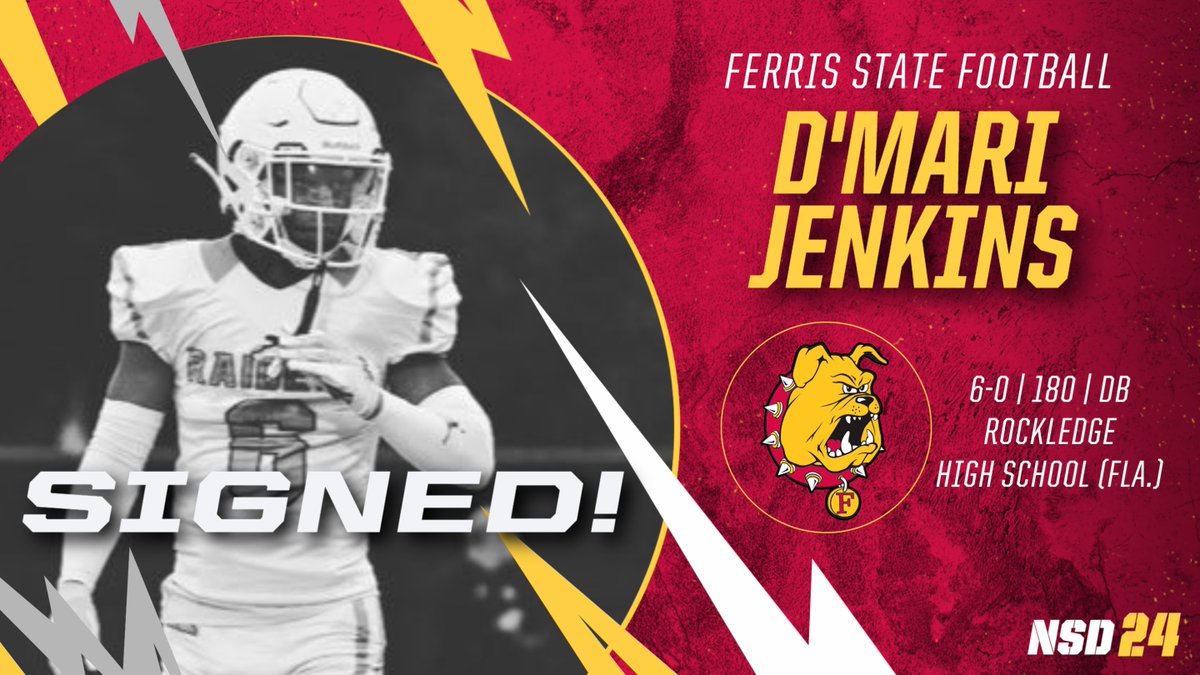 FerrisFootball's tweet photo. 2024 SIGNEE ALERT! Big-time get from Florida! Rockledge High School superstar D'Mari Jenkins is headed to Michigan! Congrats on being a DAWG! #FSUNSD24 @D_Jenk14 https://t.co/el9wHosC0l