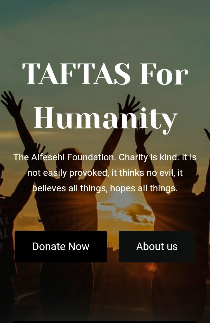 taftas6's tweet photo. TAFTAS For Humanity
The Aifesehi Foundation. Charity is kind. It is not easily provoked, it thinks no evil, it believes all things, hopes all things.
DONATE Now! https://t.co/qi1TCNTGaP
@followers 
#taftas #charity #love #taftasfoundation https://t.co/5Co1YIyfdj