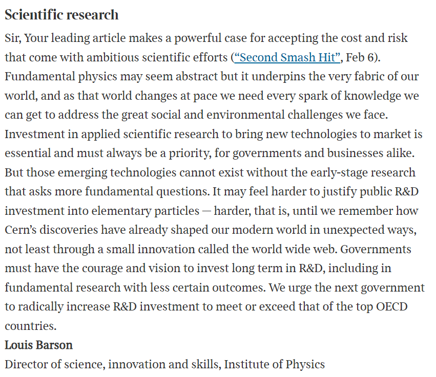 Great to see our letter by IOP Director of Science, Innovation and Skills <a href="/louisbarson/">Louis Barson</a> published in <a href="/thetimes/">The Times and The Sunday Times</a> today highlighting one of our key asks for the next government. Investment in R&amp;D is essential to bring new technologies into market and must always be a priority.