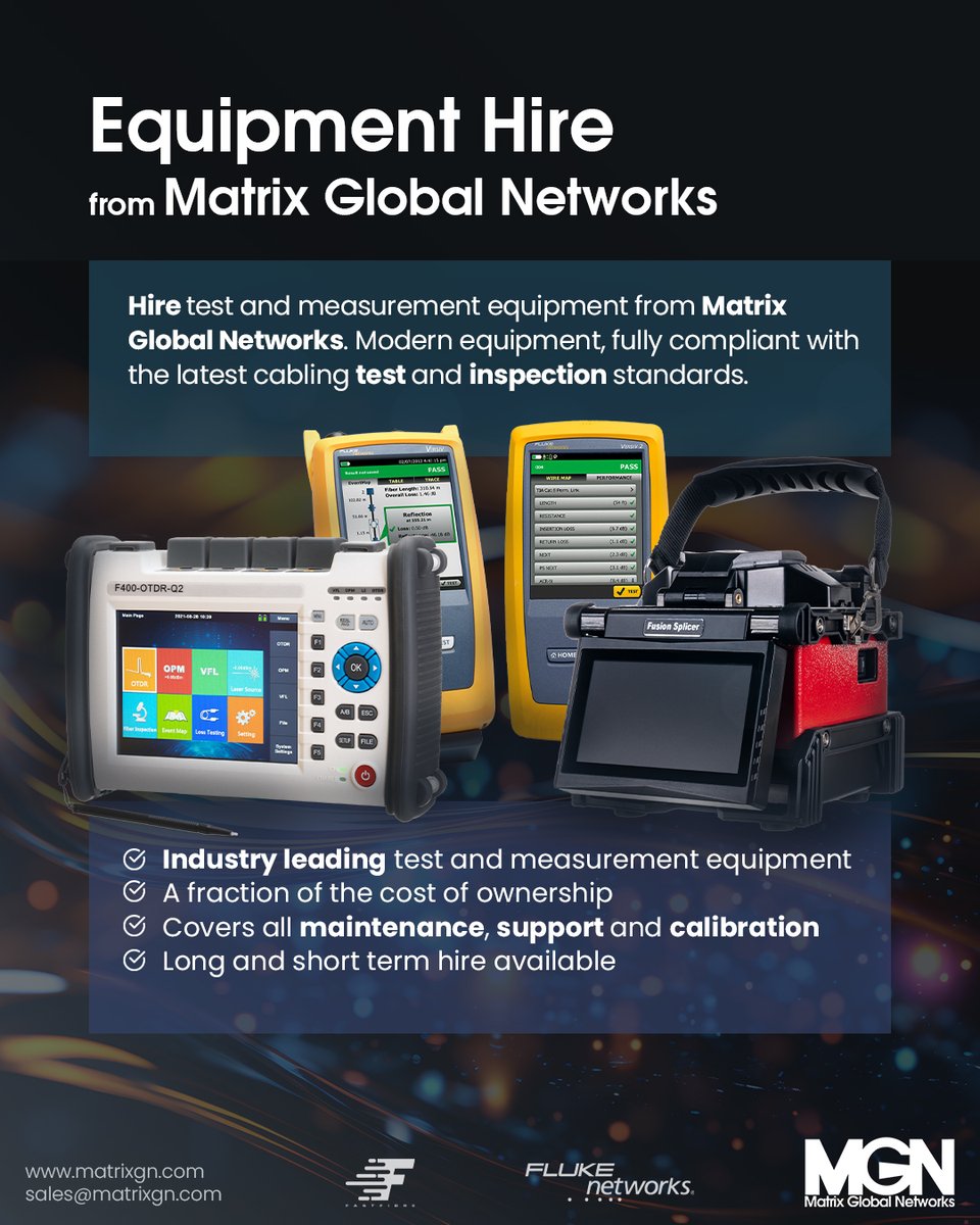 📣 Hire test and measurement equipment from Matrix Global Networks Ltd
➡️ Find out more 📩 sales@matrixgn.com / ☎️ 01985 951000 

#hire #equipmenthire #testingequipment #fibre #copper #inspection #certification #flukenetworks #providingsolutions
