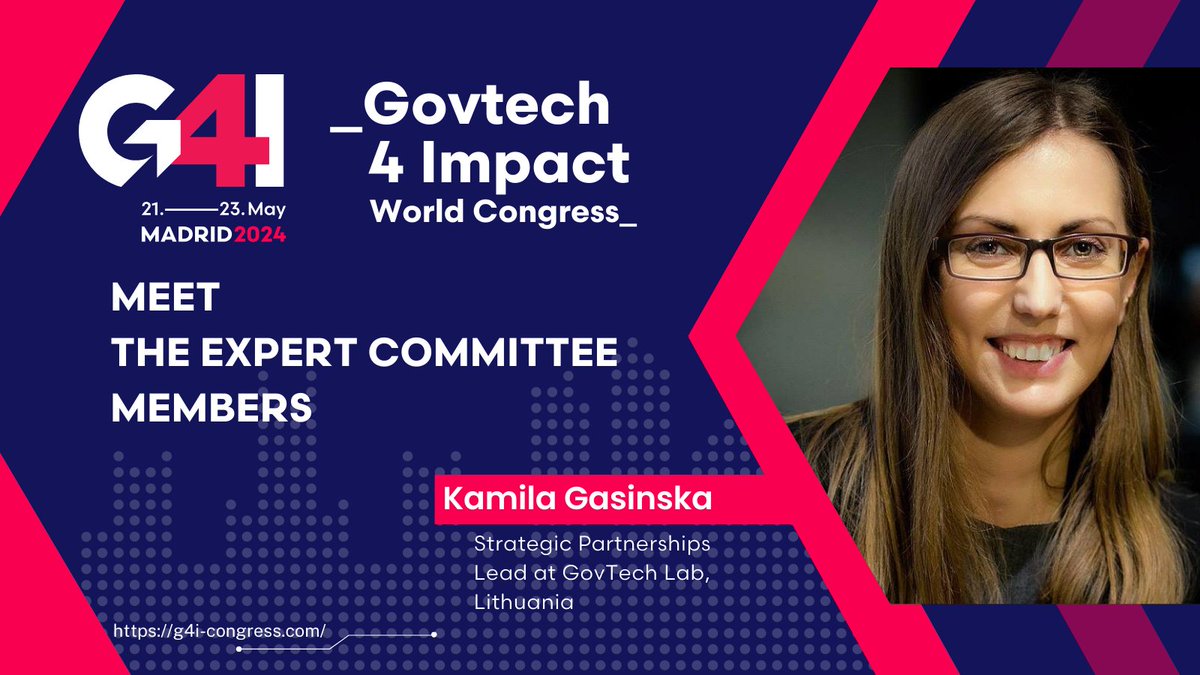 Govtech 4 Impact World Congress (@g4icongress) on Twitter photo ✨#MeetTheExperts of #G4I2024: <a href="/GasinskaKamila/">Kamila Gasinska</a>, Strategic Partnerships Lead at <a href="/GovTechLabLT/">GovTech Lab Lithuania</a>. Passionate about #GovTech initiatives, Kamila collaborates with startups and government officials to tackle societal challenges head-on.
Learn more here 👉bit.ly/46MF45V ✨#MeetTheExperts of #G4I2024: <a href="/GasinskaKamila/">Kamila Gasinska</a>, Strategic Partnerships Lead at <a href="/GovTechLabLT/">GovTech Lab Lithuania</a>. Passionate about #GovTech initiatives, Kamila collaborates with startups and government officials to tackle societal challenges head-on.
Learn more here 👉bit.ly/46MF45V