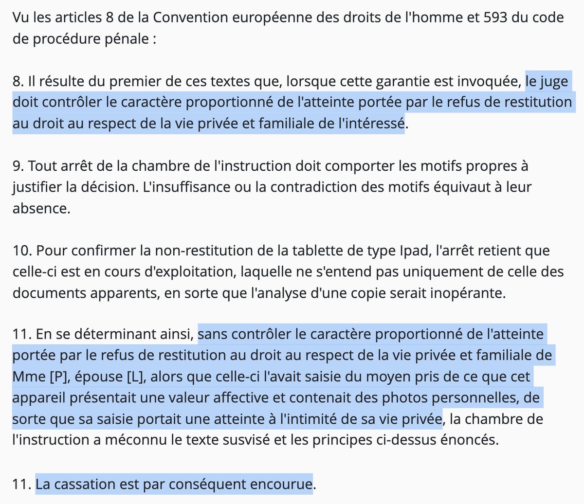 Saisie pénale &amp; Vie privée : La <a href="/Courdecassation/">Cour de cassation</a> exige un véritable contrôle de proportionnalité sur les refus de restitution.

En particulier quand le bien saisi (ici un Ipad) présente "une valeur affective" &amp; touche à "l'intimité de la vie privée".

=&gt; bit.ly/3Us3XR1