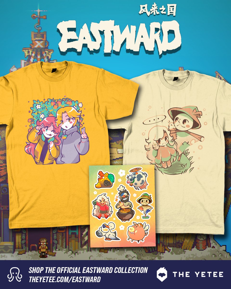 ChucklefishLTD's tweet image. Get ready to set down your tools and pick up your wallets, because Eastward: Octopia DLC merch just dropped!

🍓 Alva &amp;amp; Isabel Tee
👩🏼‍🌾 Sam Scarecrow Tee
🐮 Octopia Sticker Sheet

Order these gems while stocks last! theyetee.com/collections/ea…