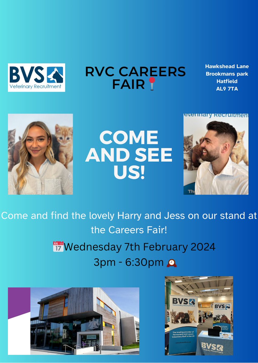 BVSvets's tweet photo. The team are on site today at the RVC, Hawkshead Campus to meet the next generation of Vets and Vet Nurses! 🧑‍⚕️

Harry and Jess will available for a friendly chat. They will be on hand to offer career advice and support with your next steps 🙌🏻
 
They can’t wait to see you! 😃 https://t.co/iOWeKI33xW