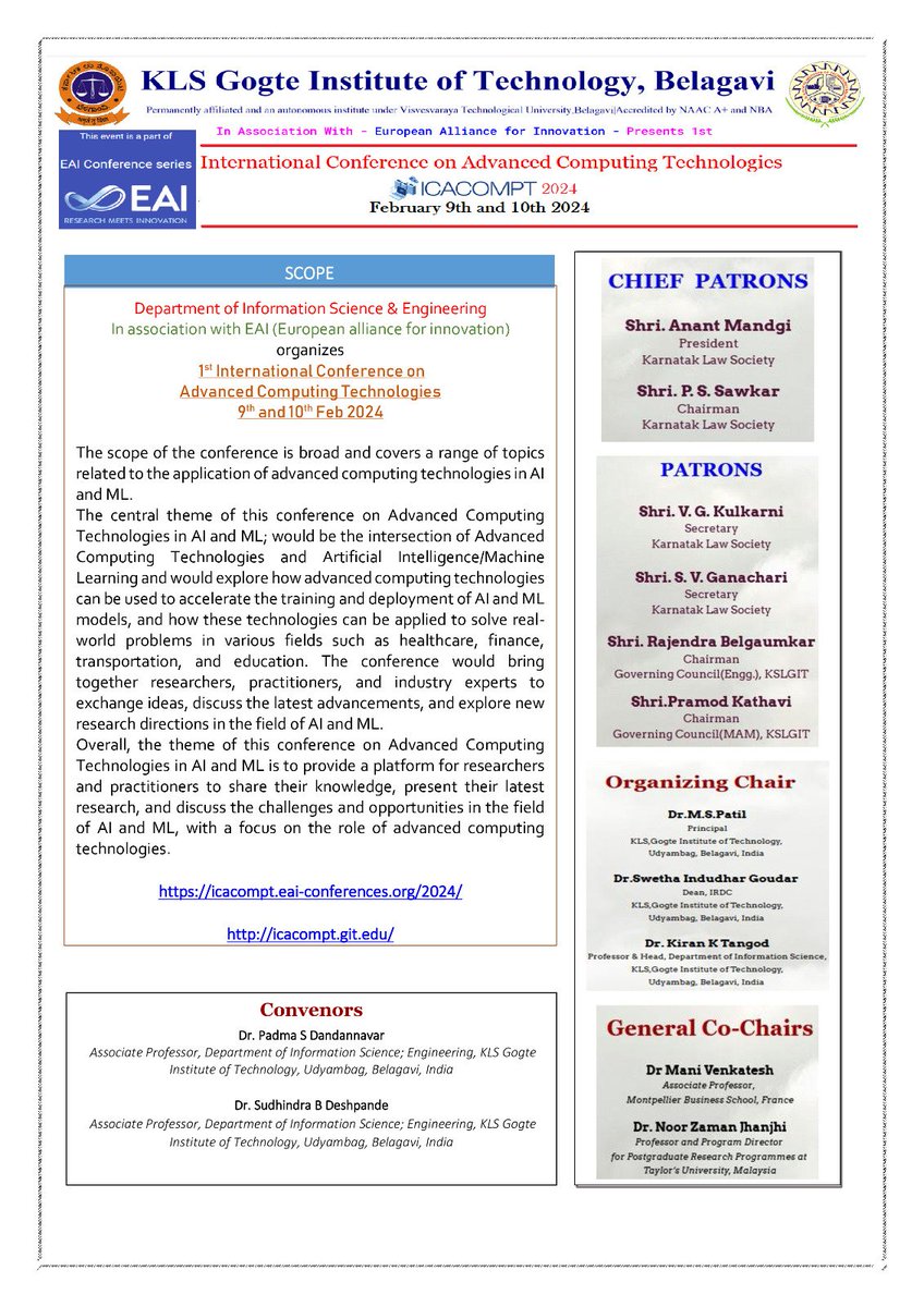 klsgitbelagavi's tweet image. 🌟 Join us for the 1st International Conference on Advanced Computing Technologies, Feb 9-10, 2024! Explore cutting-edge topics in #AdvancedComputing. Details: icacompt.git.edu #TechConference @pnkathavi @NKathavi