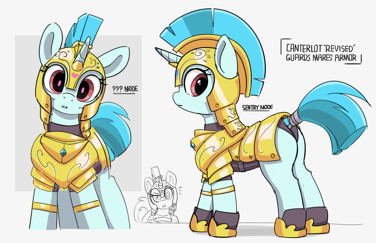 Guardsmare Armor designs. Enchanted helmets the reads the pony's intent to assist them magically while displaying appropriate symbols. Also hello, I'm back! :)