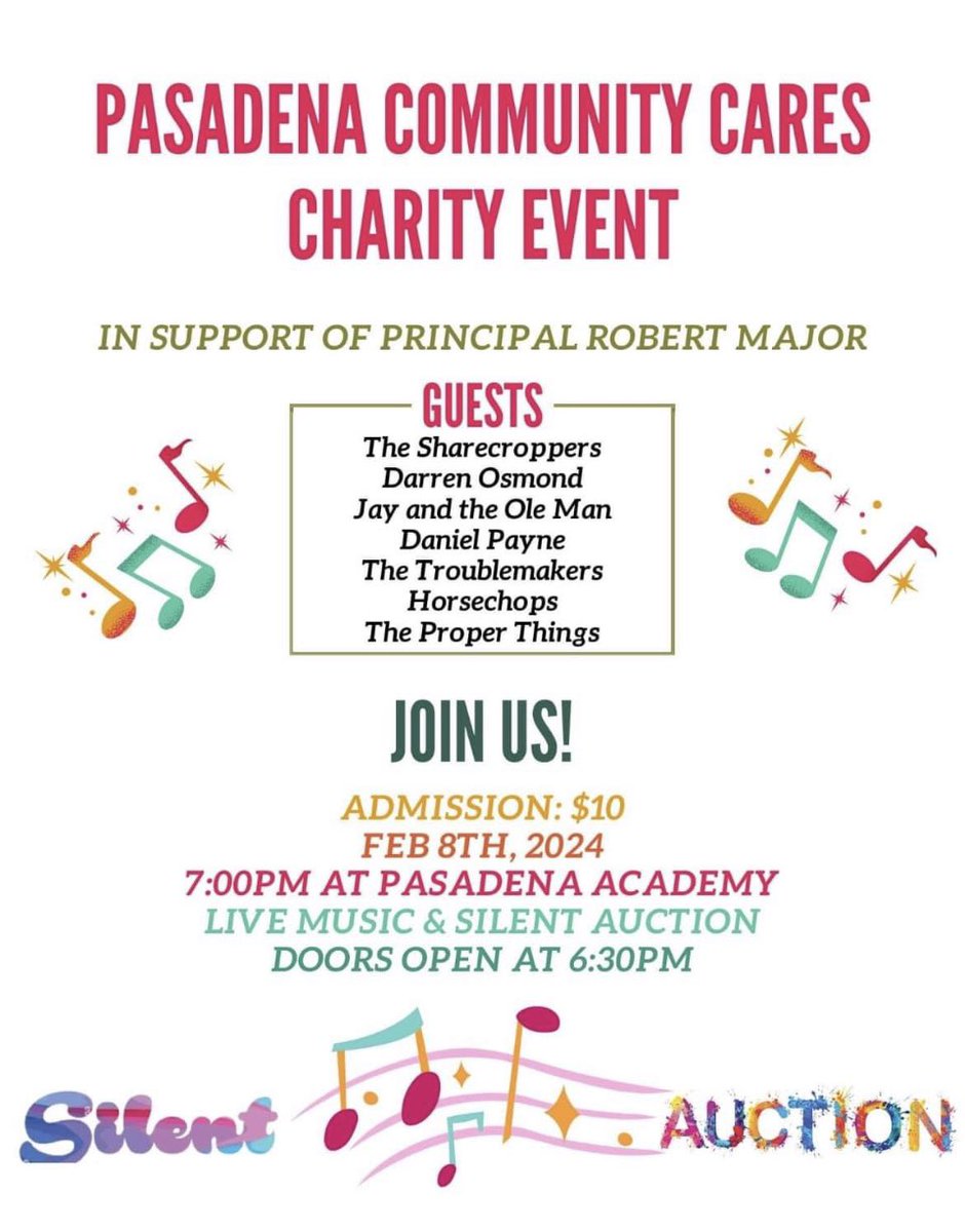 Yvonne Stone (@ystoneystone) on Twitter photo Please come out and support <a href="/PasadenaAcademy/">Pasadena Academy</a> Principal Robert Major, Thursday Feb. 8th 🎤🎸If you have donations for the auction please drop them at the main office no later than today. It’s going to be a great time. Please come out and support <a href="/PasadenaAcademy/">Pasadena Academy</a> Principal Robert Major, Thursday Feb. 8th 🎤🎸If you have donations for the auction please drop them at the main office no later than today. It’s going to be a great time.