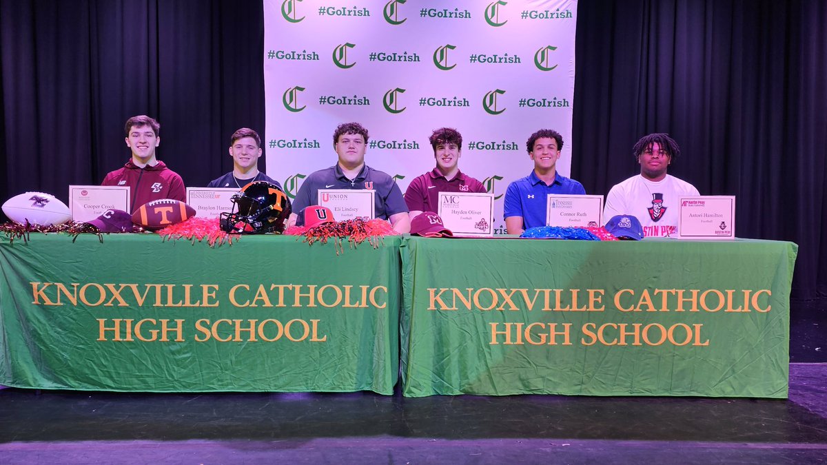 Knoxville Catholic Football (@kcirishfootball) on Twitter photo Congratulations to our 6 <a href="/KnoxCatholic/">Knoxville Catholic☘️</a> seniors signing to play football at the next level with a combined average 3.53 GPA,Academic and Athletic Excellence,GO IRISH
<a href="/c_crook55/">Cooper Crook</a>
<a href="/BraylonHarmon/">Braylon Harmon</a>
<a href="/EliLindsey59/">Eli Lindsey</a>
<a href="/haydenoliver865/">Hayden Oliver</a>
<a href="/connorruth1_/">Connor Ruth</a>
<a href="/AntoriHamilton/">Antori Hamilton Area 51</a> Congratulations to our 6 <a href="/KnoxCatholic/">Knoxville Catholic☘️</a> seniors signing to play football at the next level with a combined average 3.53 GPA,Academic and Athletic Excellence,GO IRISH
<a href="/c_crook55/">Cooper Crook</a>
<a href="/BraylonHarmon/">Braylon Harmon</a>
<a href="/EliLindsey59/">Eli Lindsey</a>
<a href="/haydenoliver865/">Hayden Oliver</a>
<a href="/connorruth1_/">Connor Ruth</a>
<a href="/AntoriHamilton/">Antori Hamilton Area 51</a>