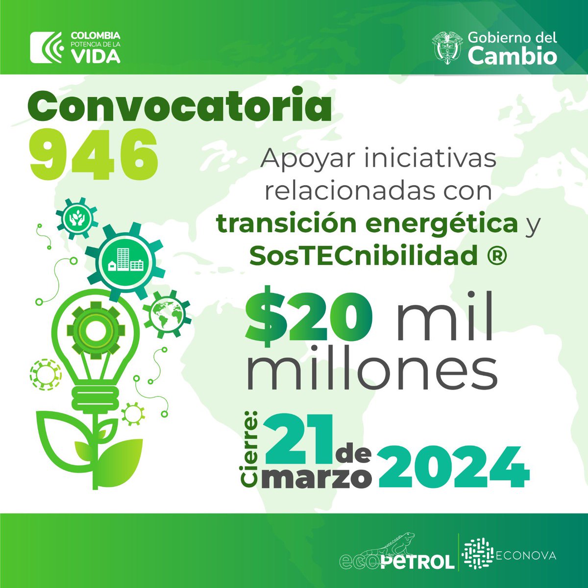 ¿Tu empresa tiene un proyecto de Investigación + Desarrollo + Innovación? <a href="/ECOPETROL_SA/">Ecopetrol</a>, <a href="/Minenergiaco/">Minenergía</a> y #MinCiencias buscan financiar el desarrollo de iniciativas mediante la aplicación de nuevas tecnologías. 

Términos y condiciones de la convocatoria:
minciencias.gov.co/946-econova-ec…