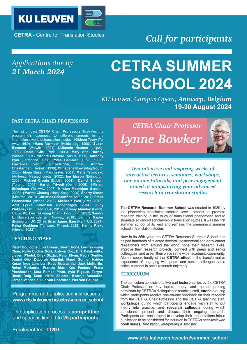 CETRA - Centre for Translation Studies @ KU Leuven (@cetrakuleuven) on Twitter photo The call for participants for the 2024 CETRA Research Summer School in Translation Studies is now open! We are thrilled to have Lynne Bowker <a href="/bowkerl/">Lynne Bowker</a> as this year's CETRA Chair Professor. Applications welcome until 21 March. For more info, see arts.kuleuven.be/cetra/summer_s… The call for participants for the 2024 CETRA Research Summer School in Translation Studies is now open! We are thrilled to have Lynne Bowker <a href="/bowkerl/">Lynne Bowker</a> as this year's CETRA Chair Professor. Applications welcome until 21 March. For more info, see arts.kuleuven.be/cetra/summer_s…