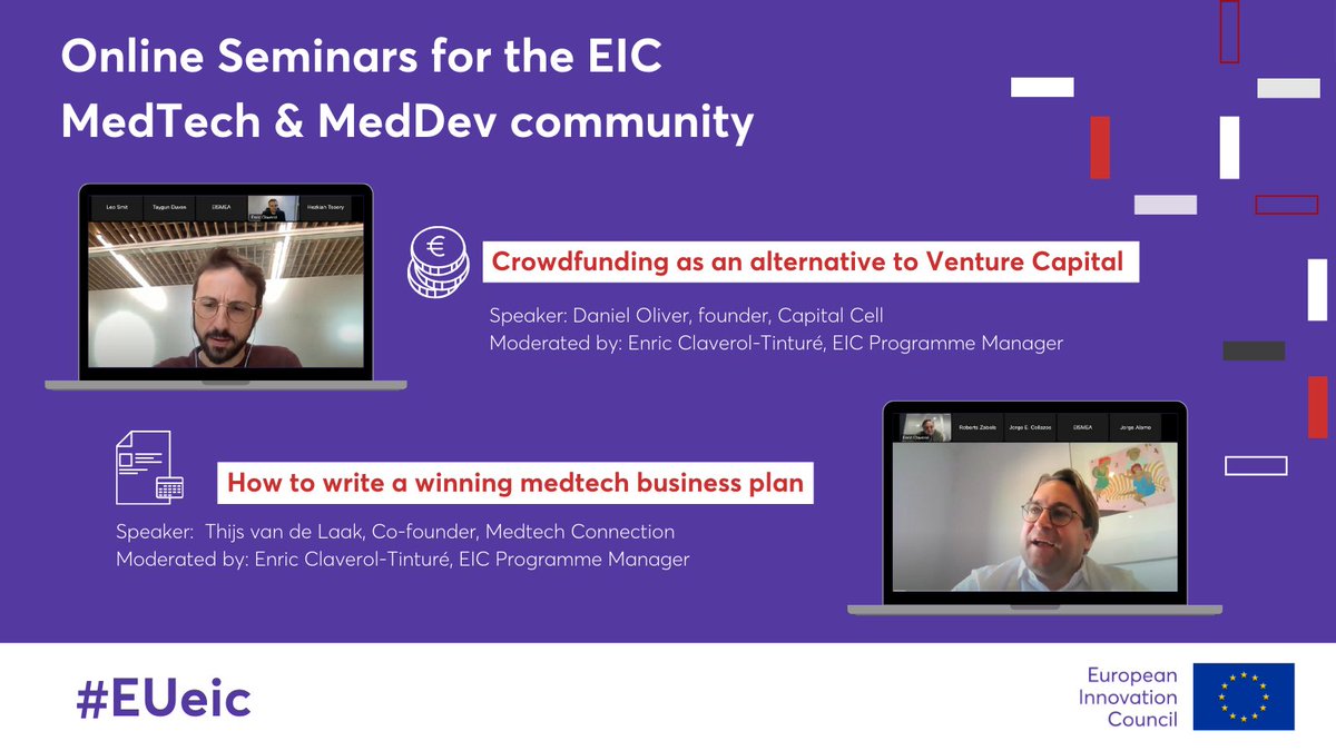 EUeic's tweet photo. Dear #MedTech &amp; #MedDev innovators 🩺,

The #EUeic has 2️⃣ insightful webinars waiting for you!

Covering the topics of crowdfunding and how to write a successful business plan, watch and learn from experts in the field, including an EIC Programme Manger 👉
https://t.co/k9HZGCGxGO https://t.co/bjIIZeCk9Q