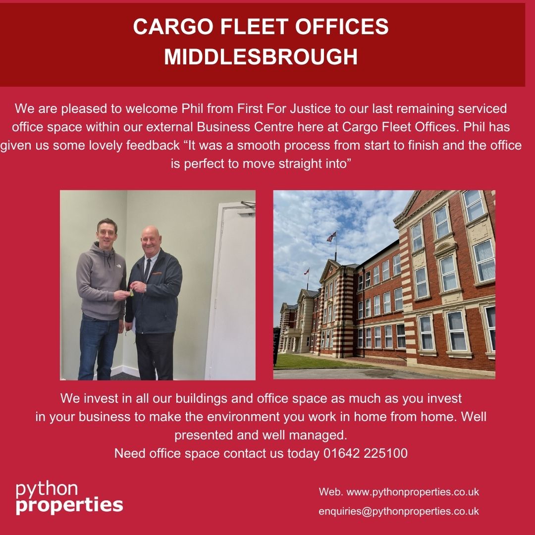 Python_Prop's tweet image. Cargo Fleet Offices would like to welcome Phil from First For Justice to last remaining serviced office space #newtenant