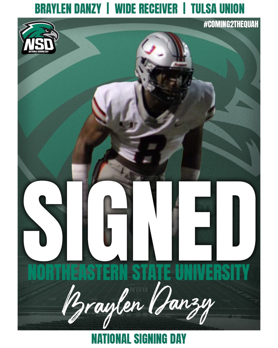 NSU_Football's tweet photo. Braylen Danzey is a 6’3 180 pound Wide Receiver coming from Union High School in Tulsa. The All-State WR is a big time playmaker staying HOME!!! Welcome to the Quah!🔥🦅🔥🦅 https://t.co/0QilEkSGSS