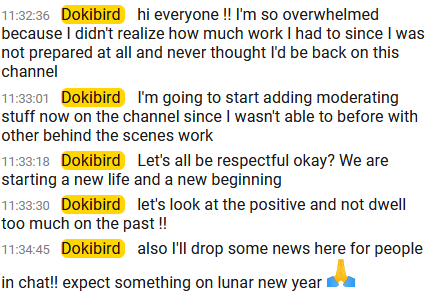 dragoon000bsp's tweet photo. Doki's messages from the re-debut prechat compiled by @/siviawyndre in Dokicord:

important bits:

> be respectful, look at the positives and don't dwell in the past
> She has a surprise/ project (as usual) on Lunar New Years
> Aiming for 500k subs at the end of the year https://t.co/qU3m7WrpUr