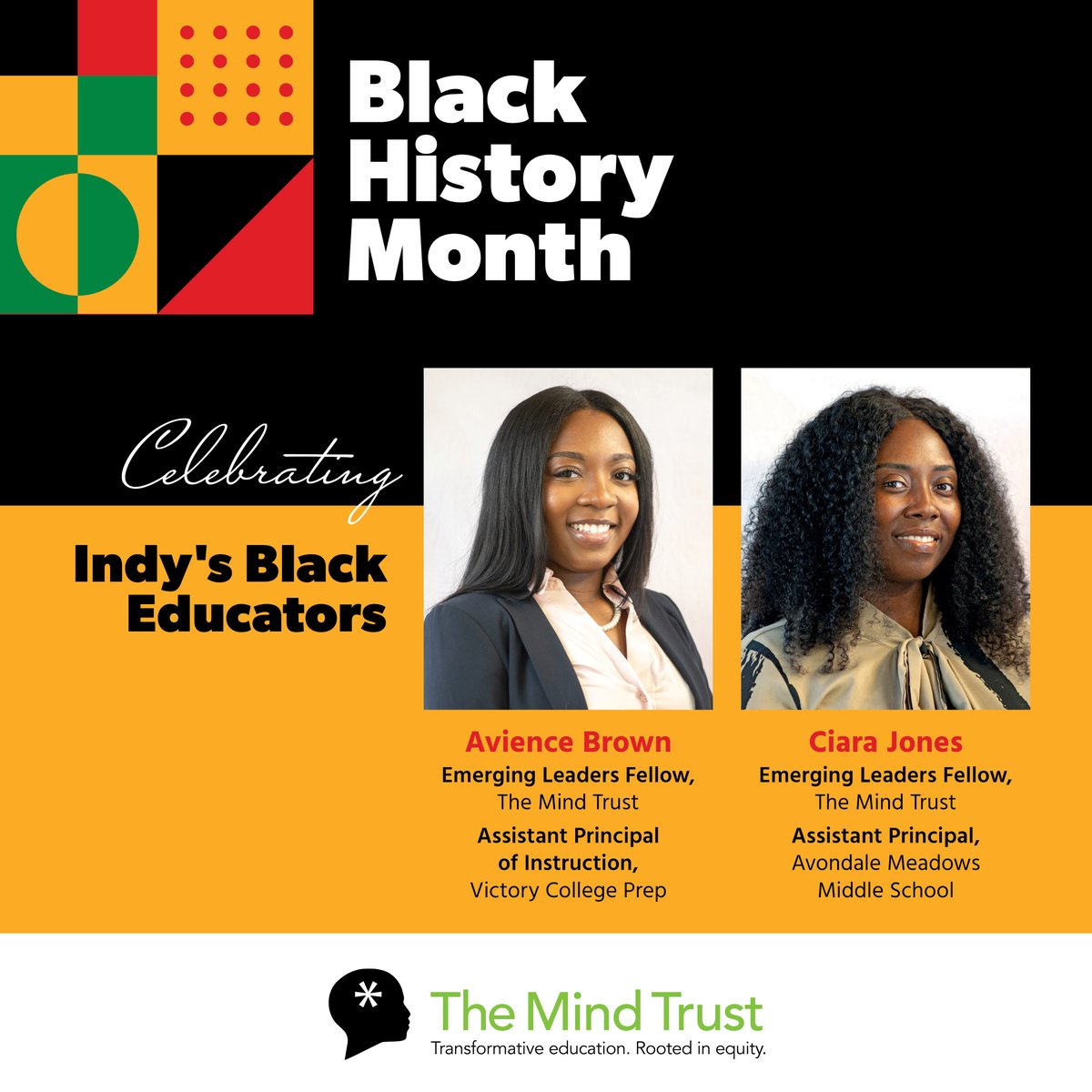 The Mind Trust (@themindtrust) on Twitter photo This Black History Month we're excited to celebrate Indianapolis' stellar Black educators! 🎉 Avience Brown is Assistant Principal of Instruction at <a href="/VictoryCollPrep/">Victory College Prep</a>, Ciara Jones is Assistant Principal at <a href="/AMMiddleschool/">AM Middle School</a>, and both are Emerging Leaders Fellows with The Mind Trust. This Black History Month we're excited to celebrate Indianapolis' stellar Black educators! 🎉 Avience Brown is Assistant Principal of Instruction at <a href="/VictoryCollPrep/">Victory College Prep</a>, Ciara Jones is Assistant Principal at <a href="/AMMiddleschool/">AM Middle School</a>, and both are Emerging Leaders Fellows with The Mind Trust.