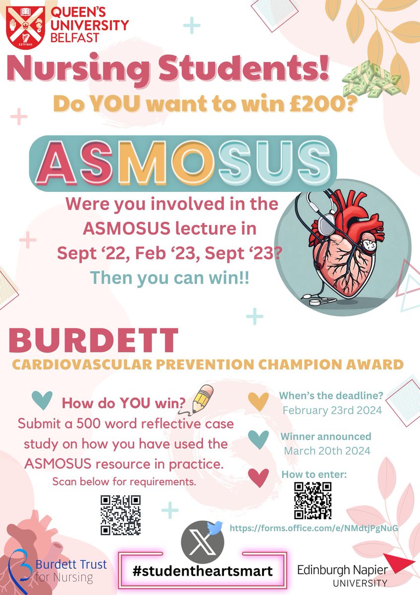 Nursing Students! Were you involved in the Asmosus lecture in Sept 22, Feb 23 and Sept 23? Do you want to win £200? Scan the QR Code for more!