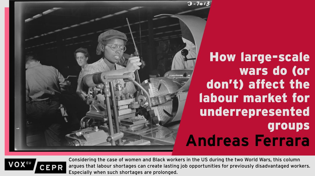 VoxEU (@voxeu) on Twitter photo Considering the case of women and Black workers in the #US during the two World Wars, this column argues that #labour shortages can create lasting job opportunities for previously disadvantaged workers.
<a href="/Andreas_Ferrara/">Andy Ferrara</a> <a href="/PittTweet/">University of Pittsburgh</a> <a href="/PittEcon/">Pitt Economics</a>
ow.ly/CN7e50Qym0U Considering the case of women and Black workers in the #US during the two World Wars, this column argues that #labour shortages can create lasting job opportunities for previously disadvantaged workers.
<a href="/Andreas_Ferrara/">Andy Ferrara</a> <a href="/PittTweet/">University of Pittsburgh</a> <a href="/PittEcon/">Pitt Economics</a>
ow.ly/CN7e50Qym0U