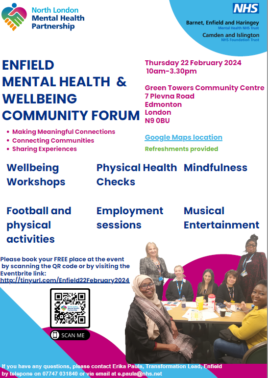 Thank you to all who have signed up to attend our Enfield Mental Health and Wellbeing Forum. There is still time to sign up for your FREE place here bit.ly/3UkI3Po to can come and join us at Green Towers Community Centre, Edmonton, from 10-3.30 on Thursday 22 February