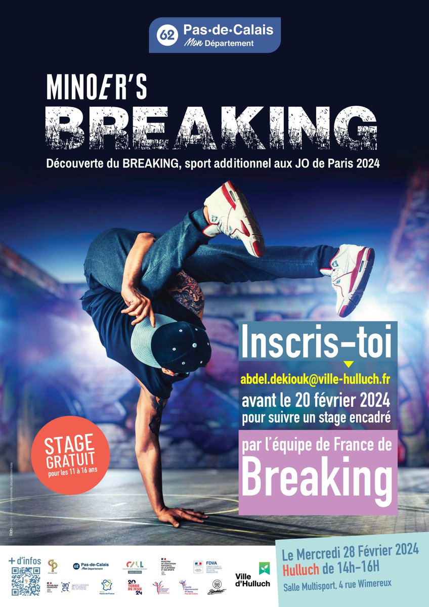 ℹ️ Pour les jeunes de 11 à 16 ans 👉 le mercredi 28 février de 14h à 16h à la salle Multisports, un stage gratuit est organisé pour découvrir le breaking et la culture hip-hop 🤸‍♂️🎶

📧 Pour s’inscrire :
abdel.dekiouk@ville-hulluch.fr