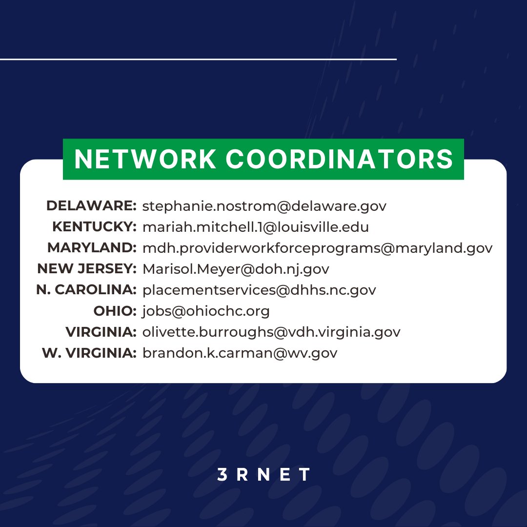 Here at 3RNET, we work with 54 Network Coordinators across the United States that act as the connector between job seekers [like you] and the rural and underserved employers in your state. 📍Delaware, Kentucky, Maryland, New Jersey, North Carolina, Ohio, Virginia, West Virginia