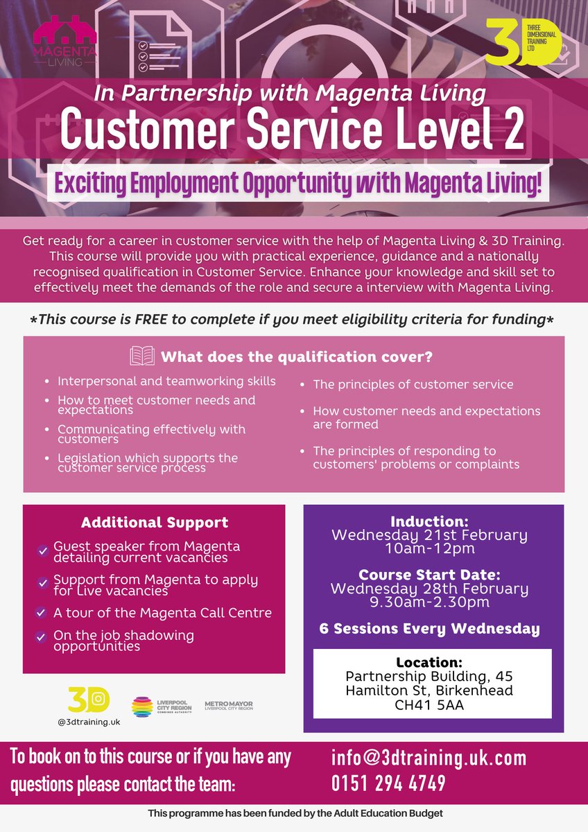 Have you ever thought about a career in Customer Service? We have partnered with @3DTrainingUK to deliver a level 2 qualification in Customer Service➡️ Practical Experience Industry Knowledge Guest Speakers Find out more by emailing info@3dtraining.uk.com or calling 0151 294 4749