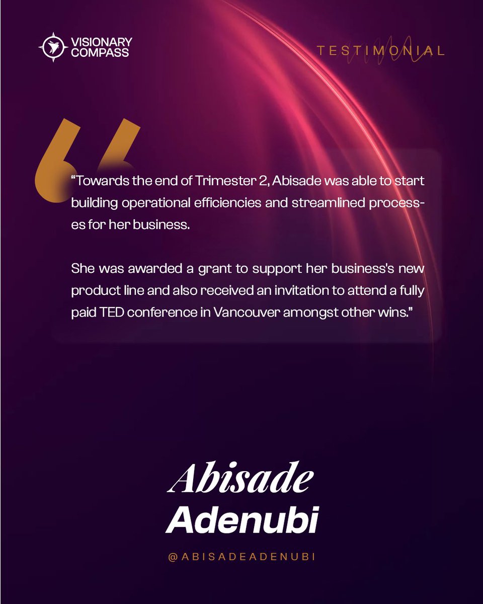 VCAP_by_DDK's tweet image. By the end of Trimester 2 in the VCAP Class of 2022, Abisade’s business soared to new heights.

Join the VCAP Class of 2024 and catalyze your results.

To apply, go to myvisionarycompass.com

#VisionaryCompass #VCAP #Alumni #AlumniSpotlight #Transformation #VisionaryLeaders