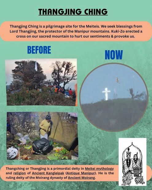 🚨 Sacred Thangching Hill, revered by Meiteis as the abode of ancestral deity 'Thangching', now desecrated by #KukiNarcoTerrorists. This #IndigenousHeritage site must be protected from settler colonialism.
#SaveIndigenousHeritage 
 @IPsLeadNature  @RightsResources  @LandRightsNow