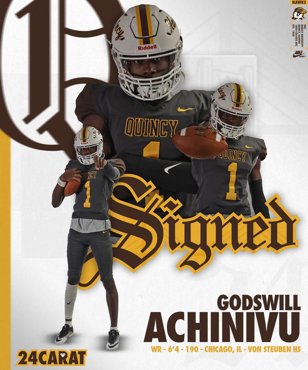 Quincy University Football (@quhawksfootball) on Twitter photo Hawk Nation, please welcome Wide Receiver, Godswill Achinivu <a href="/GAchinivu/">Godswill Achinivu</a>, from Von Steuben High School! Hawk Nation, please welcome Wide Receiver, Godswill Achinivu <a href="/GAchinivu/">Godswill Achinivu</a>, from Von Steuben High School!
