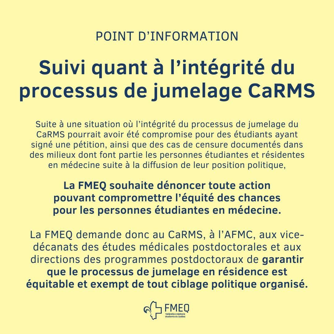 ⚖️ Intégrité du jumelage CaRMS ⚖️

Lire notre communiqué complet ici : 

fmeq.ca/integrite-du-p…